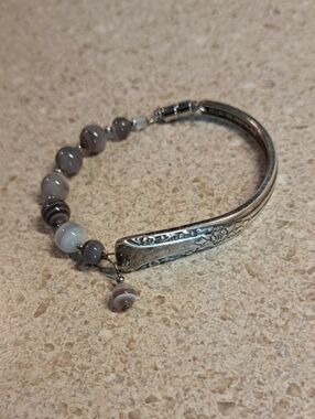 Antique Camelia Silver Plate Spoon Bracelet With Agate Beads